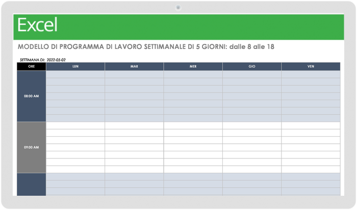 Modello di orario di lavoro settimanale di 5 giorni dalle 8:00 alle 18:00