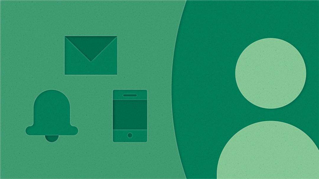 一个浅绿色人的轮廓图，左边是铃铛、邮件和手机的图像