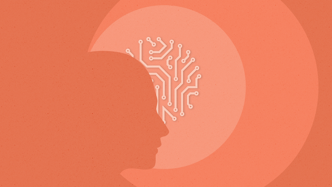 一个人的头部轮廓出现在最前面，一个电路板的图像出现在背景中，位于三个桃红色圆环中最小的一个内