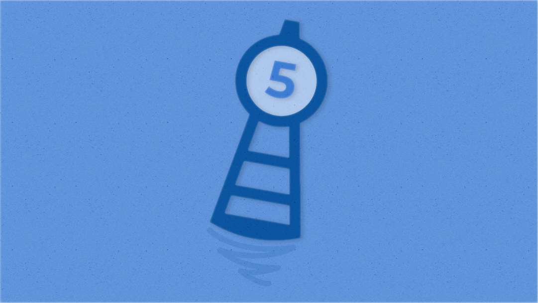 一个顶部写着数字5的蓝色浮标似乎浮在水面上，向右倾斜