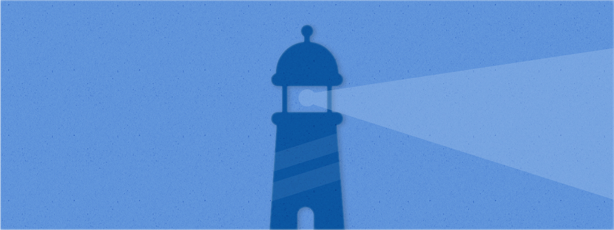 深蓝色的灯塔出现在中蓝色的背景上，浅蓝色的光线指向右边