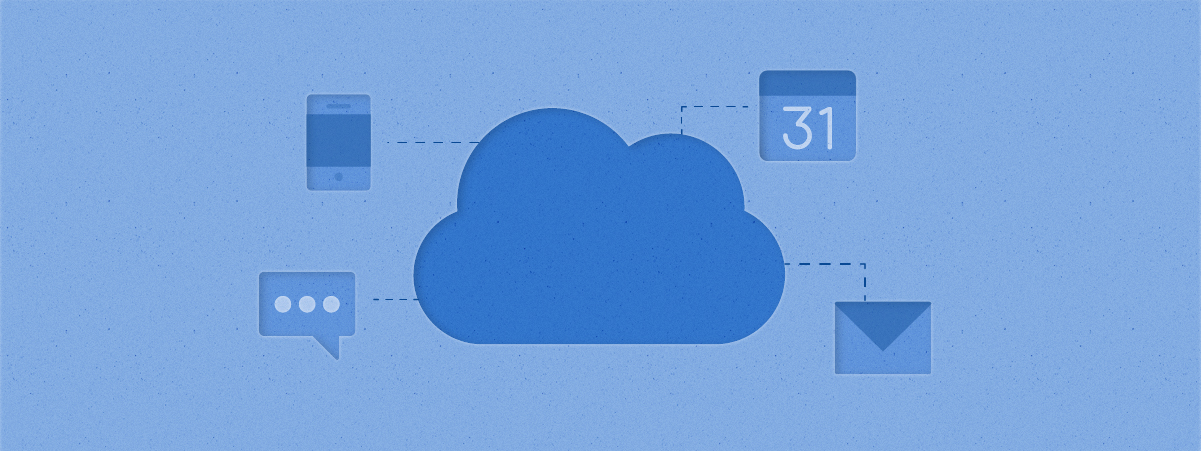 屏幕中央的蓝色云被手机、信封、日历和聊天气泡的图像所包围