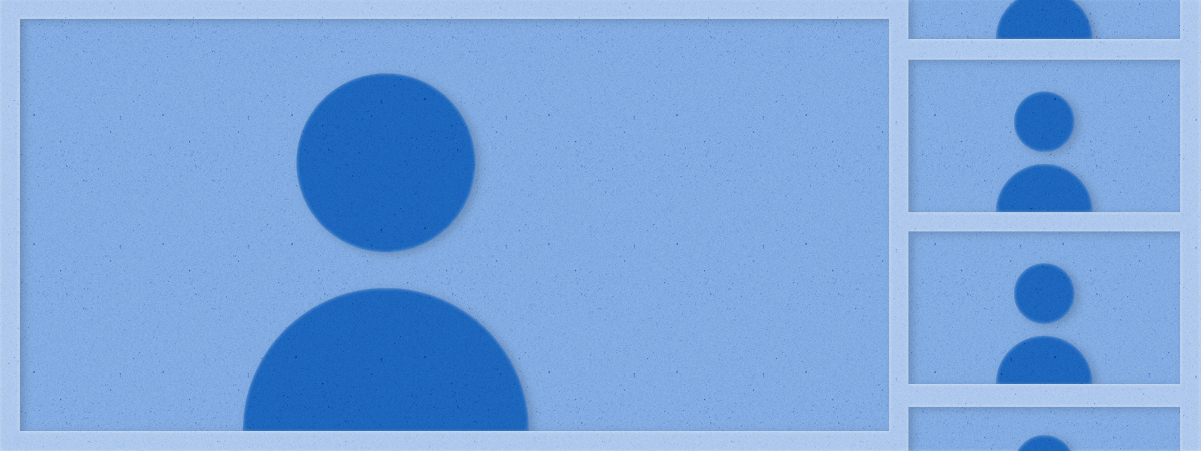 一个人的头部和肩部的蓝色轮廓占据了屏幕的四分之三，而在电话会议时，屏幕右侧会出现一条由较小的头像组成的垂直线