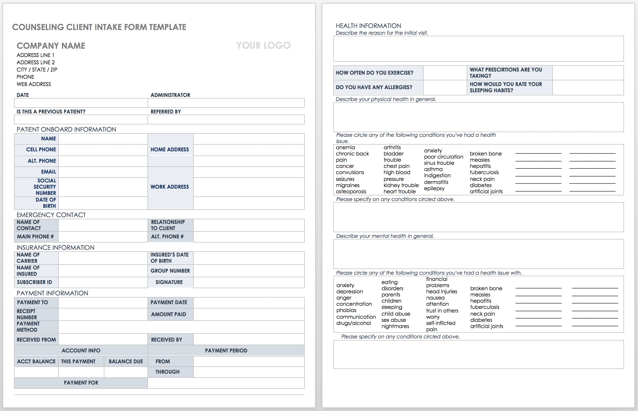 Counseling Client Intake Form Template