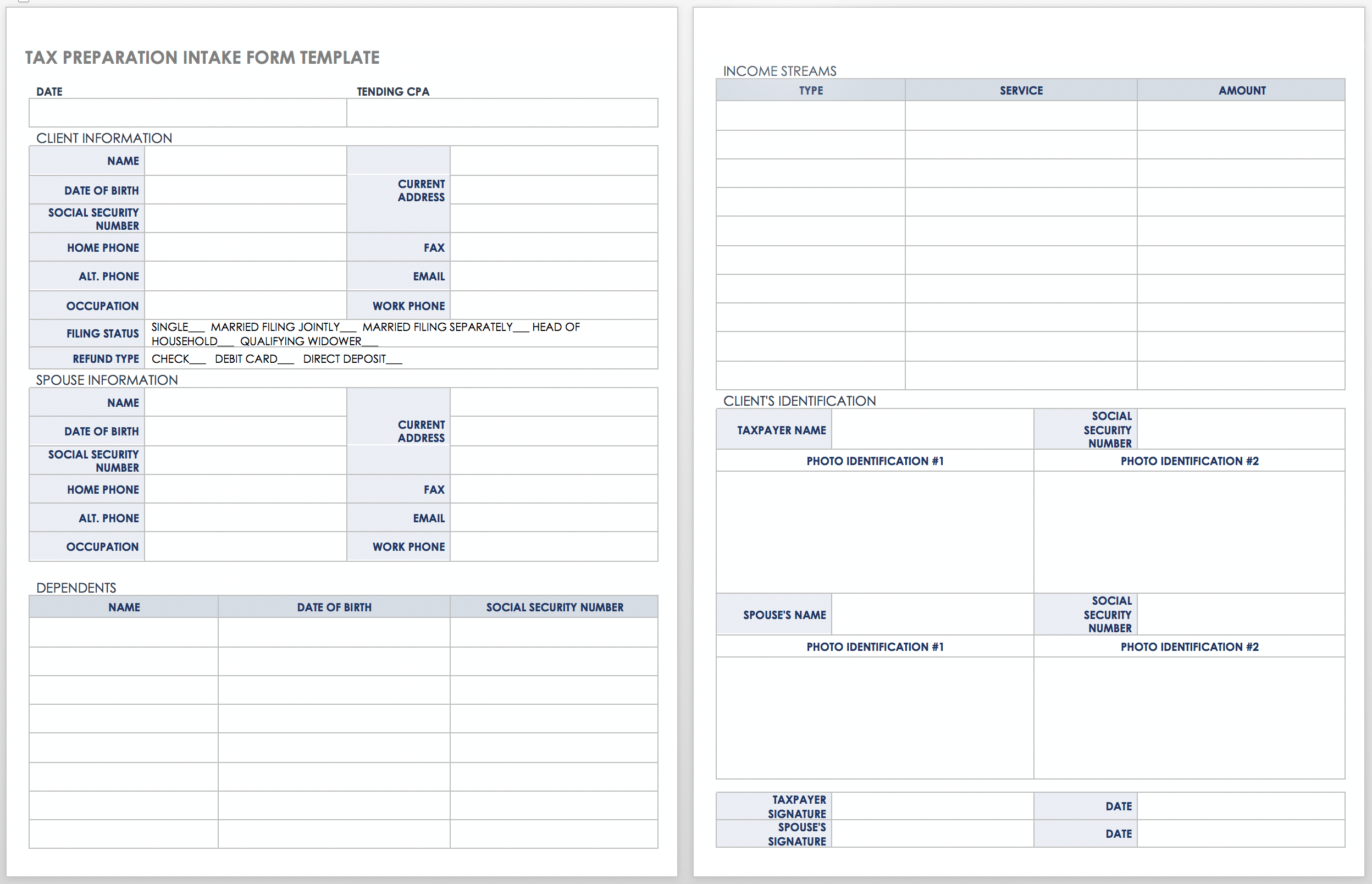 Tax Preparation Intake Form Template