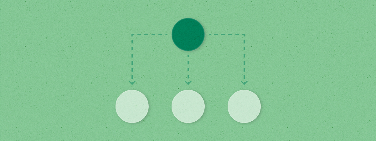 Tree diagram with top circle highlighted, with dotted lines and arrows pointing down to bottom circles