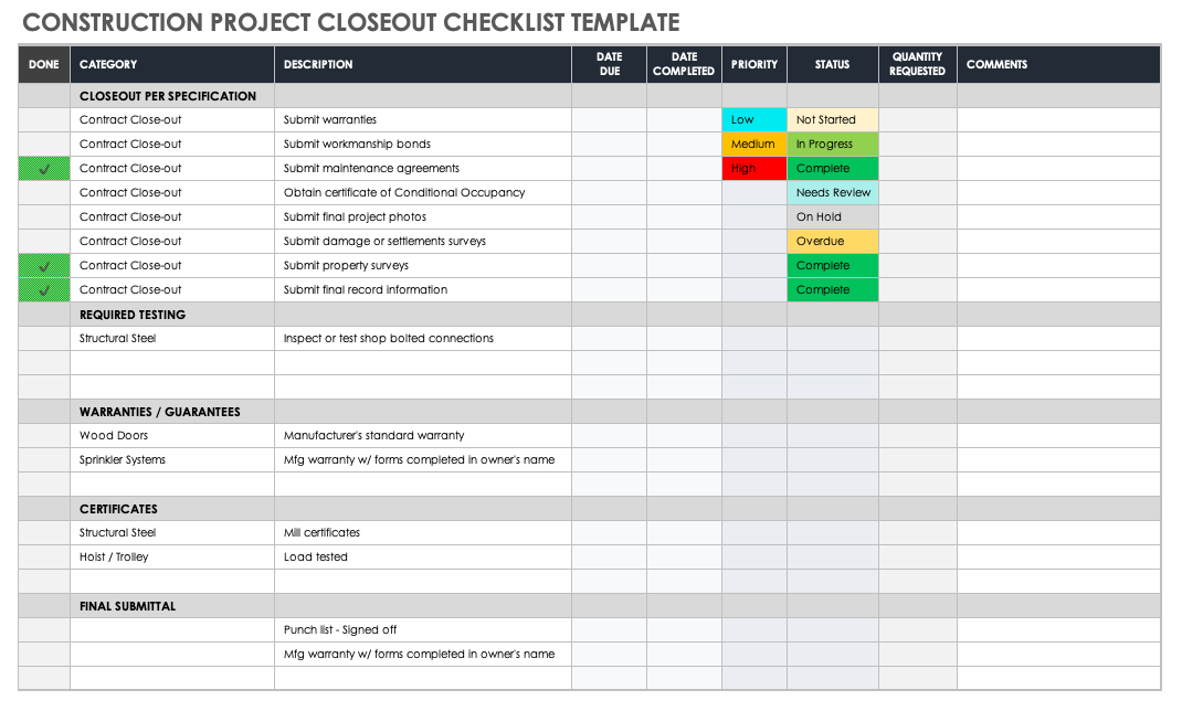 建设项目收尾清单模板