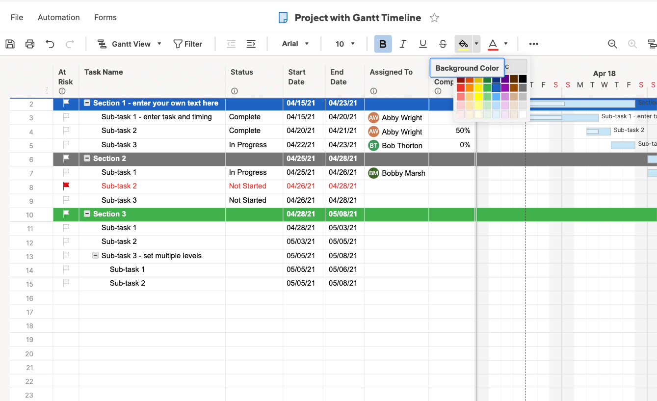 在Smartsheet中添加背景色