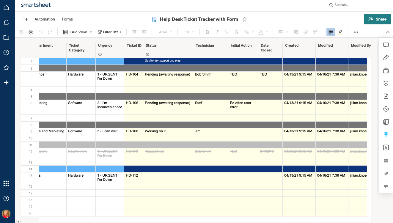 Smartsheet模板上的内部使用列