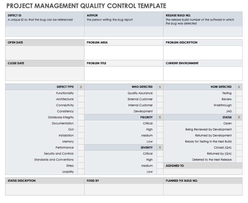 Project Management Quality Control Template