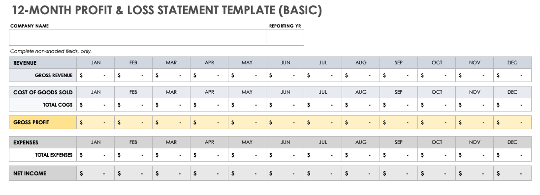 基本12个月的损益表模板