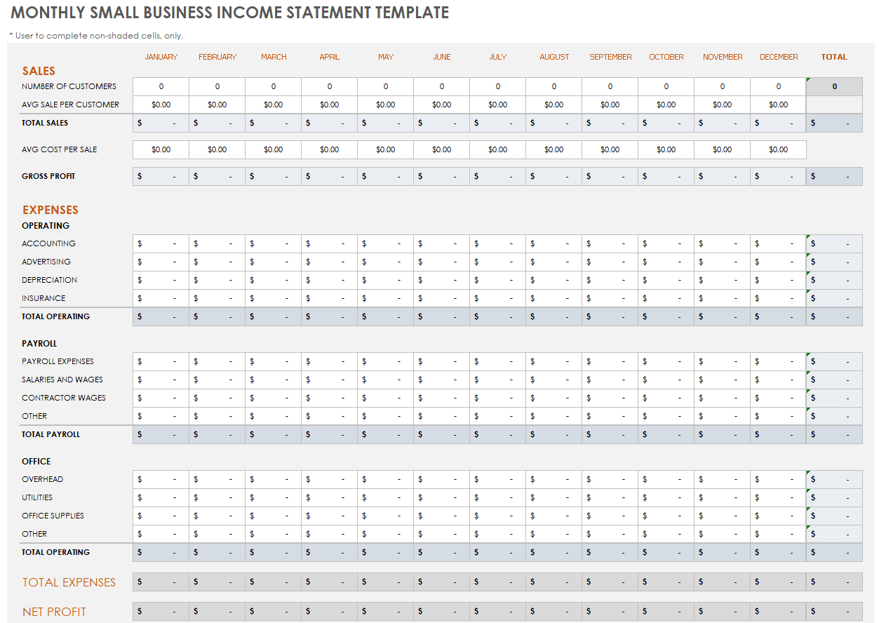 每月小企业收入报表模板