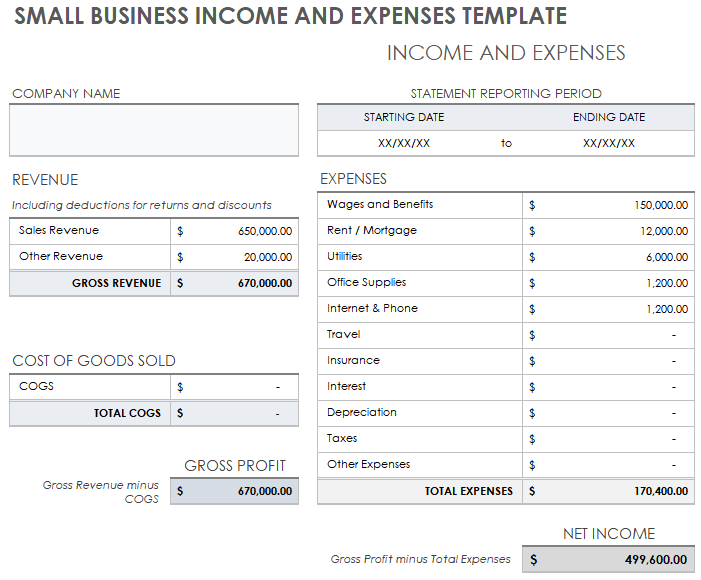 可打印的小企业收入和费用模板