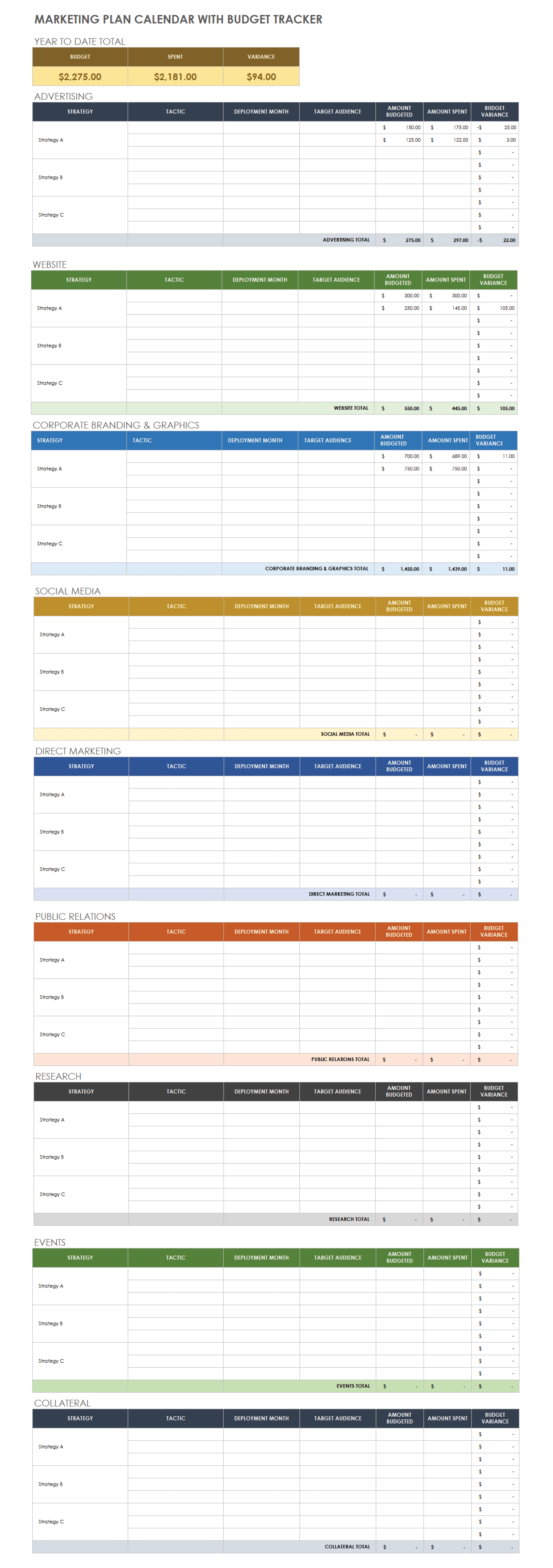 营销计划日历与预算跟踪模板