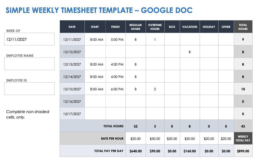 简单的每周时间表谷歌文档模板