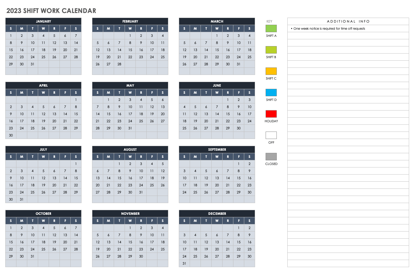2023年每月轮班工作日历
