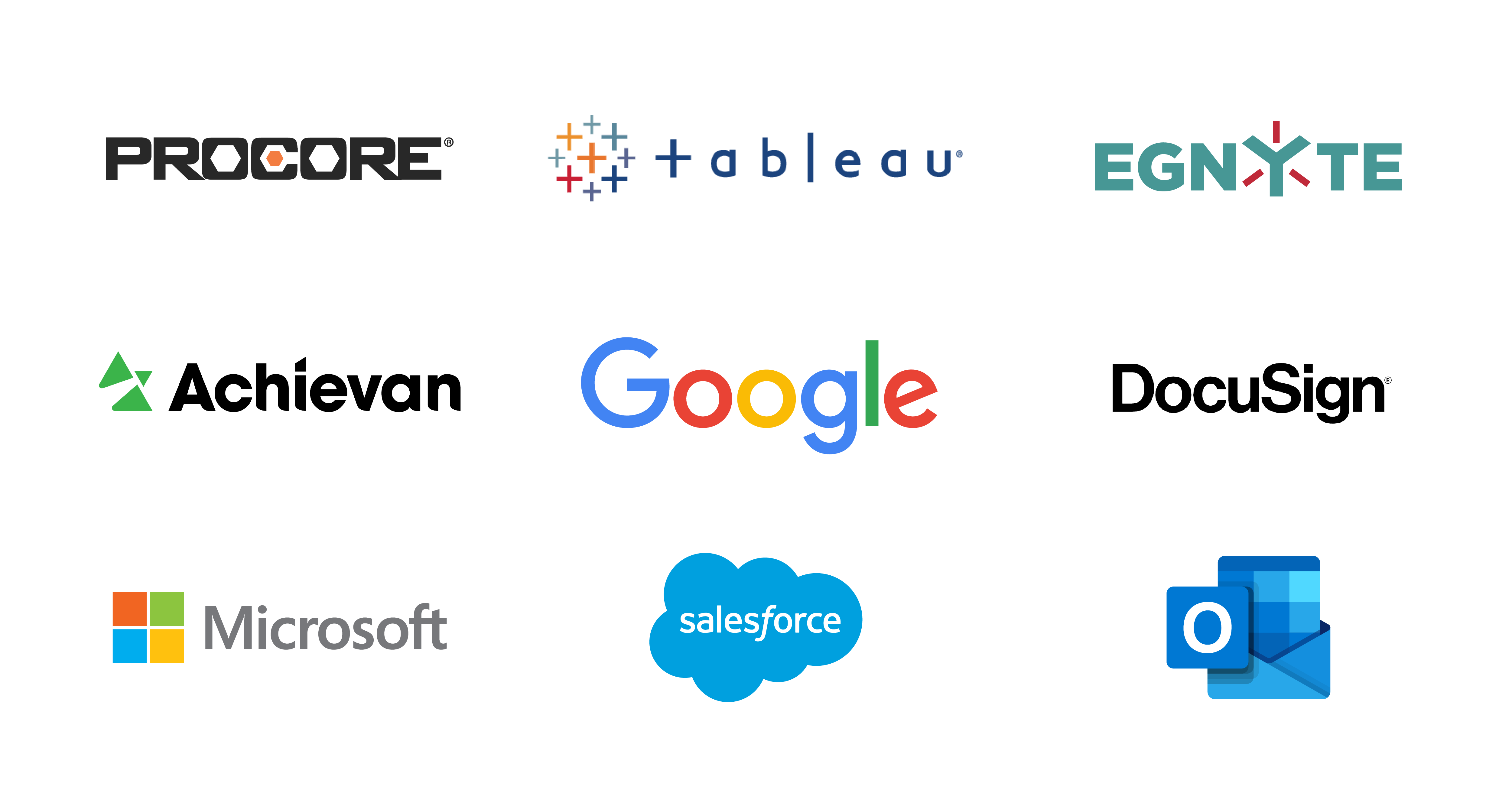 Smartsheet施工解决方案集成了Procore, Tableau, Egnyte, Achievan, Google, DocuSign, Microsoft, Salesforce和Outlook