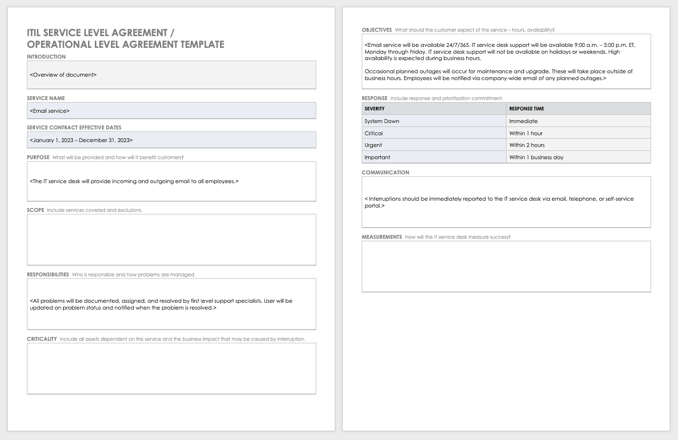 ITIL SLA OLA服务水平协议操作水平协议模板