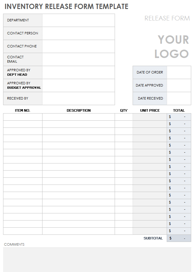 Inventory Release Form Template