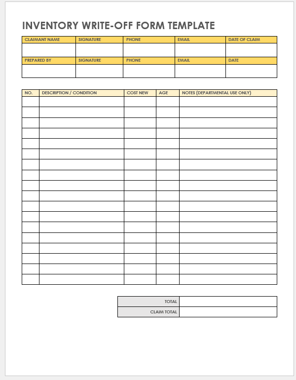 Inventory Write Off Form Template
