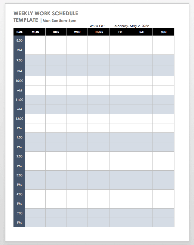 周一-日8-6周时间表模板字