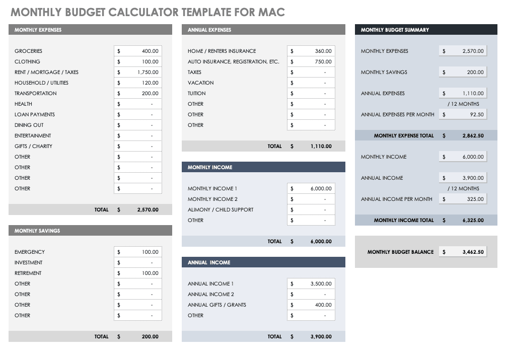 每月预算计算器模板Mac