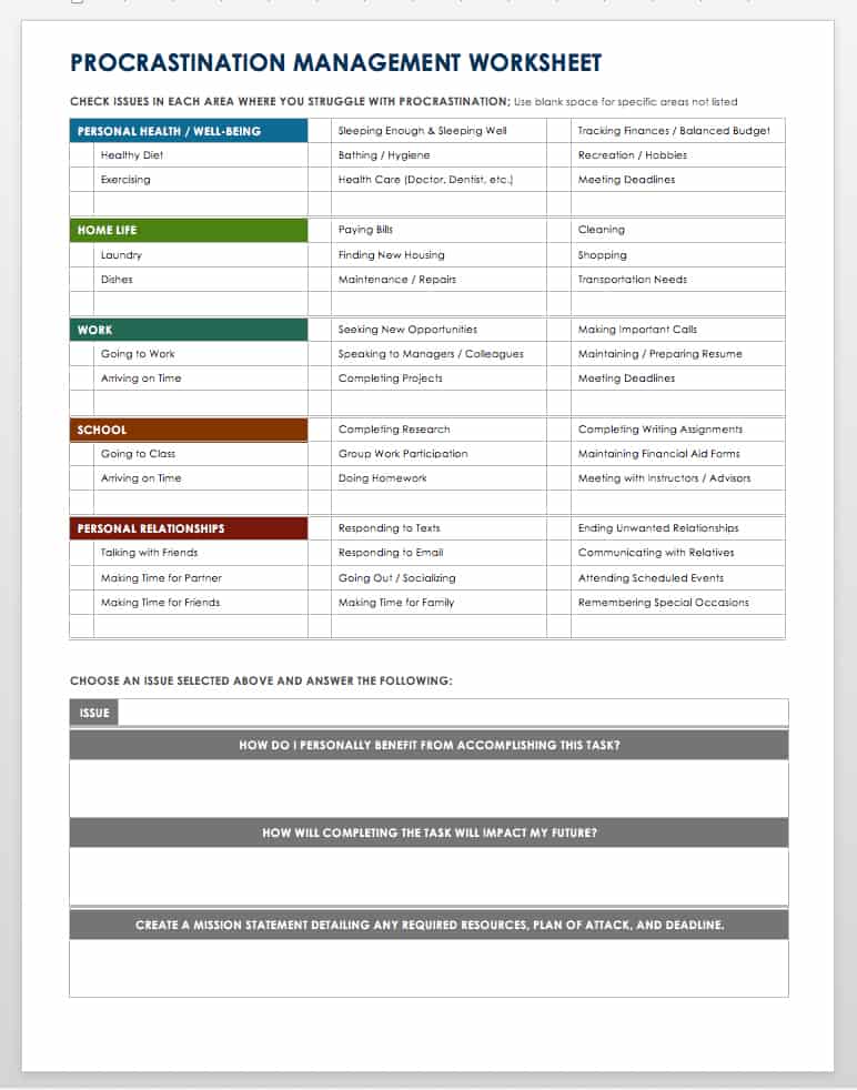 Procrastination Management Worksheet Template