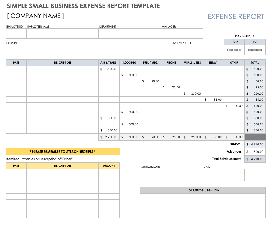 简单的小企业费用报告模板