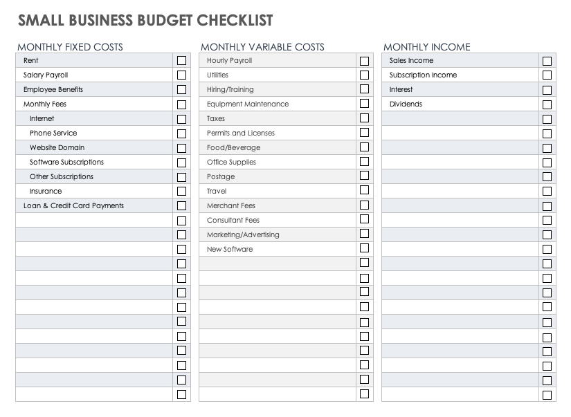 小型企业预算清单