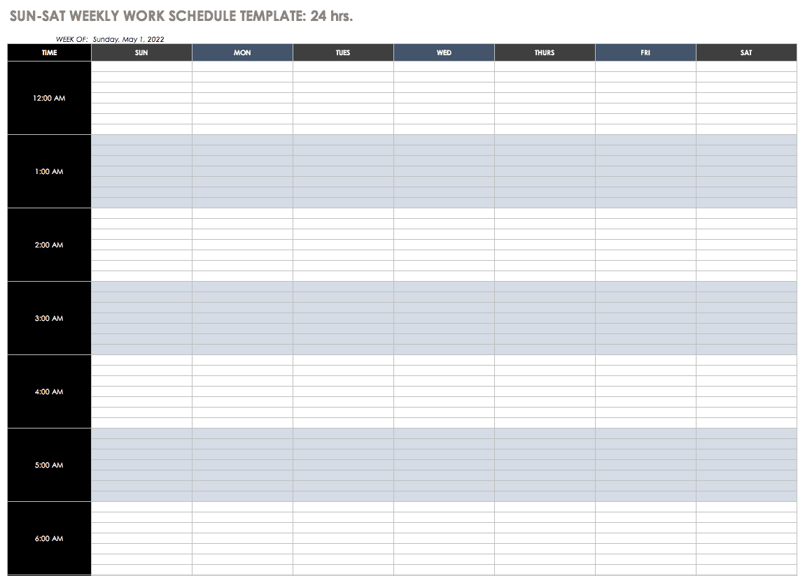 周日-周六24小时每周工作时间表模板