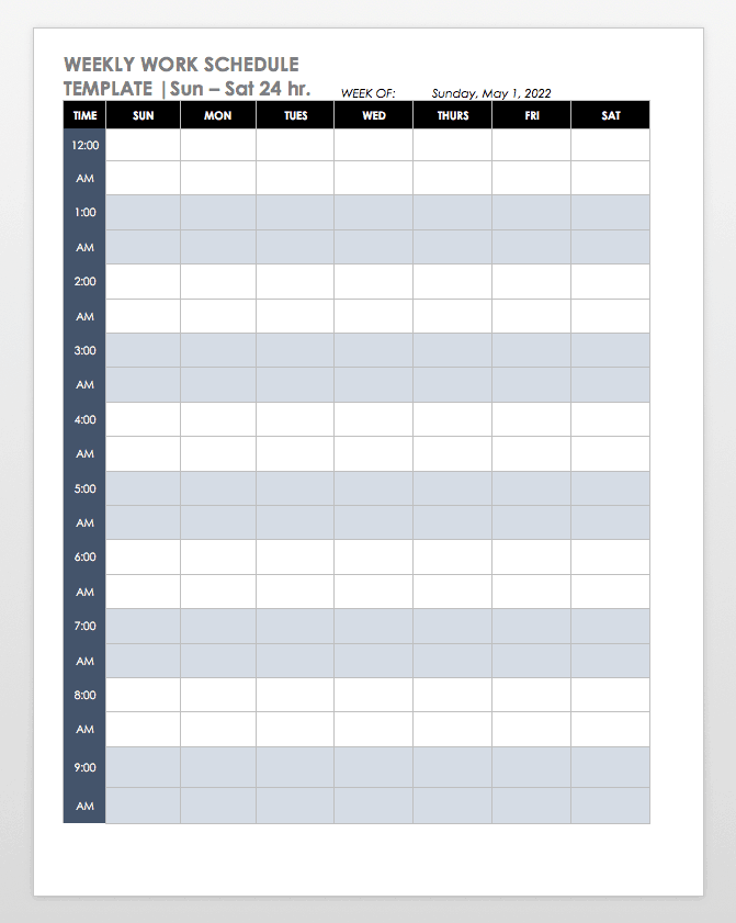 日-周六24小时每周工作时间表模板字