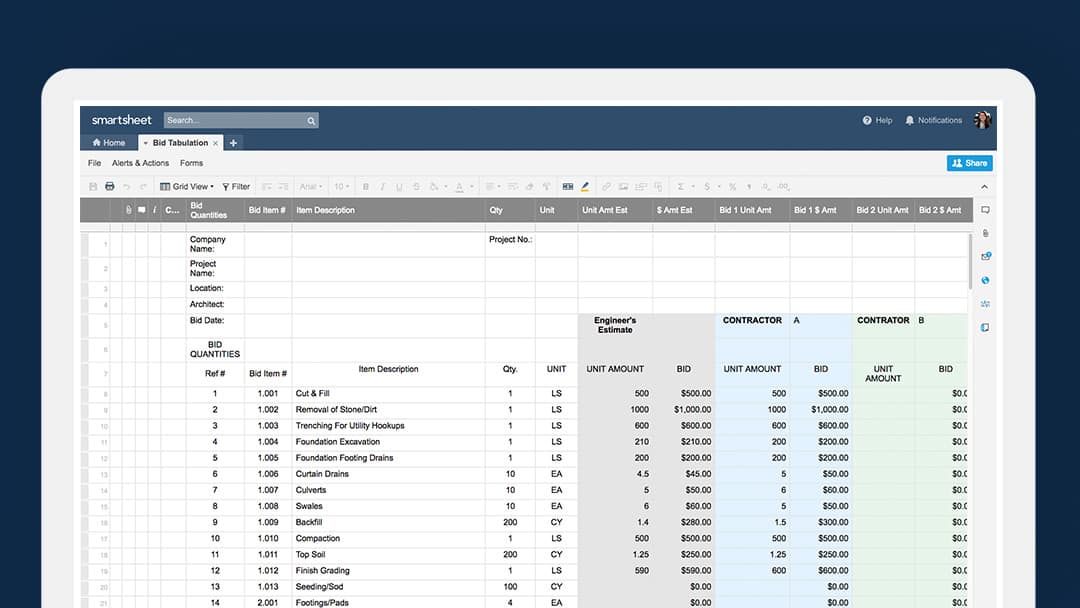 竞标表模板在Smartsheet