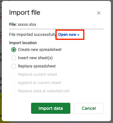 Google Sheets to Excel Import Document Open